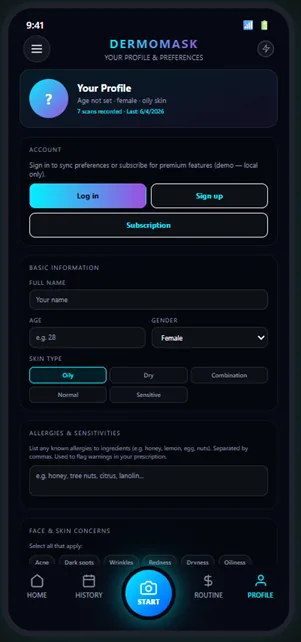 DermoMask app — skin scan screen